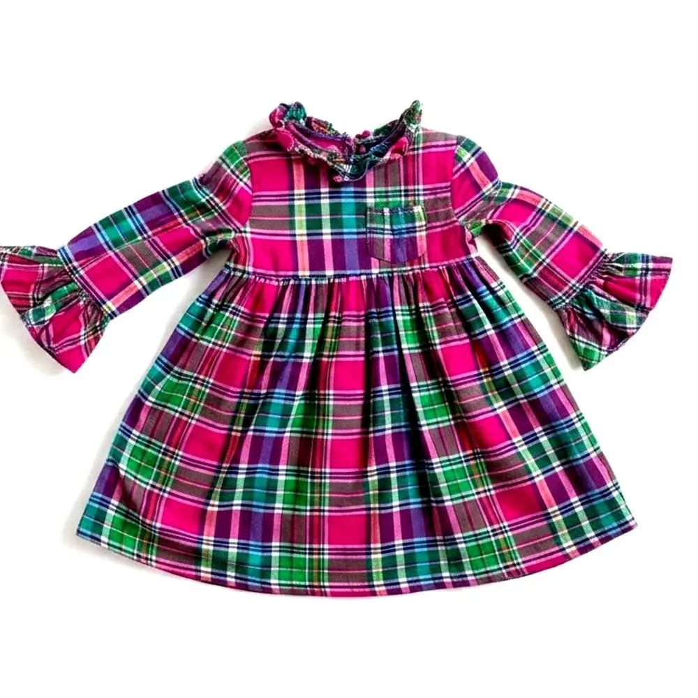 Ralph Lauren Plaid Tartan Babydoll Girls Dress 12M holiday Ruffles Pink Green